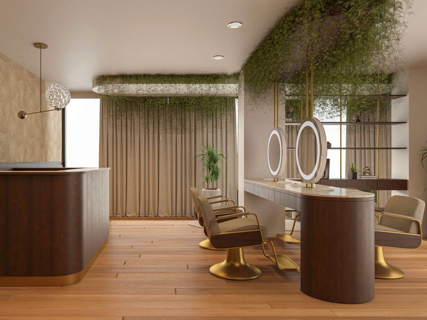 Un salon de coiffure lumineux avec ses fauteuils beiges à pied doré, ses miroirs ronds éclairés et son comptoir d’accueil en bois